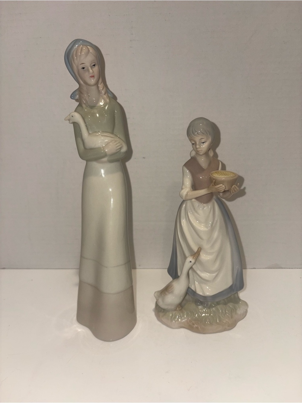 Porcelain Girl Figurines with Geese - Soft Pastel Colors-Vintage 1970s -unmarked